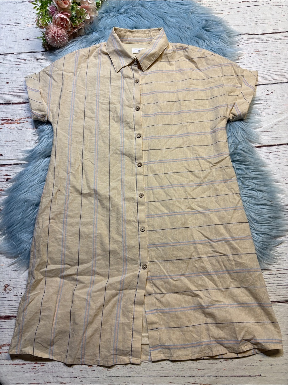 THML Striped Mini Short Sleeve Shirt Dress sz S